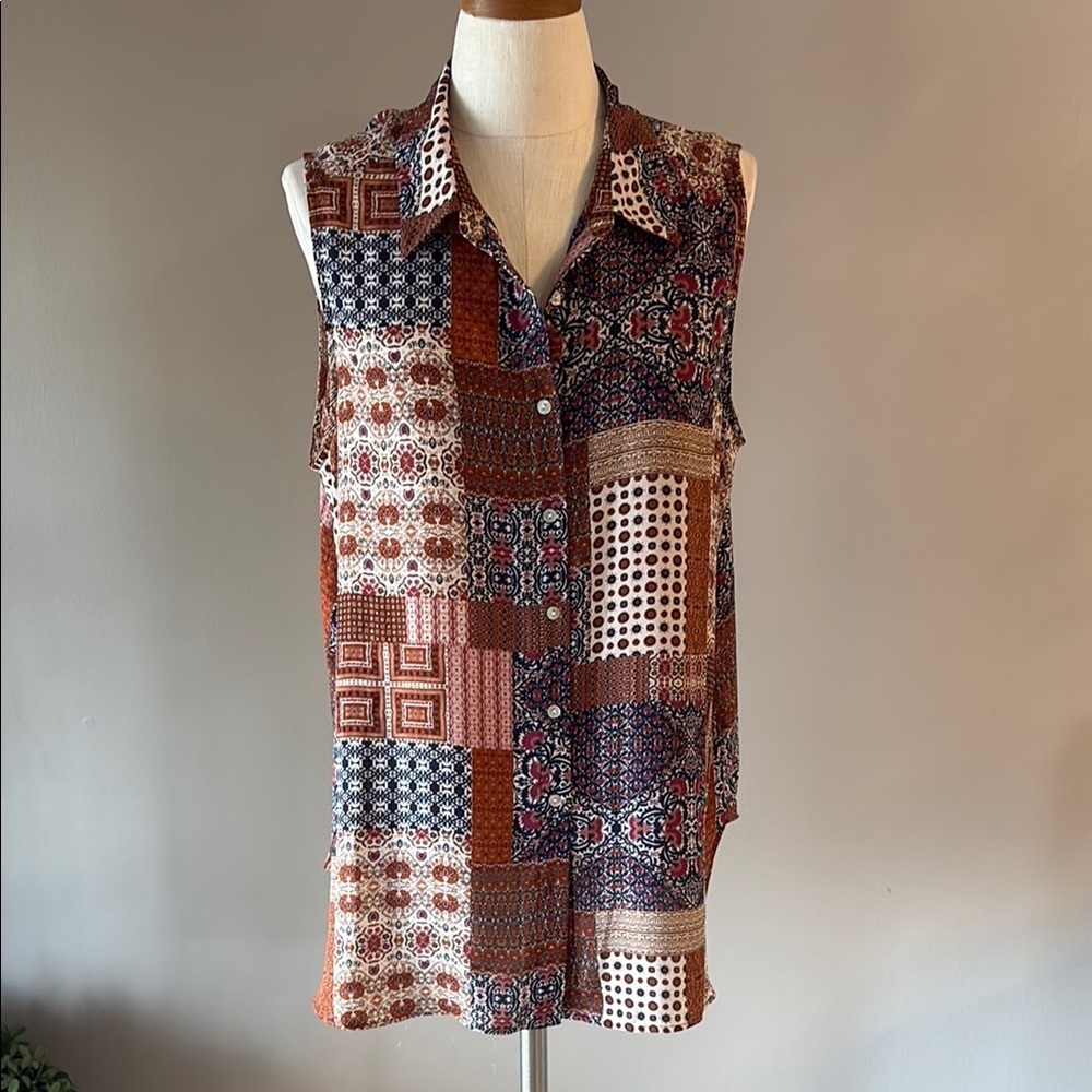 Rose and Olive Patchwork Sleeveless Blouse boho cottage collared button up 1X